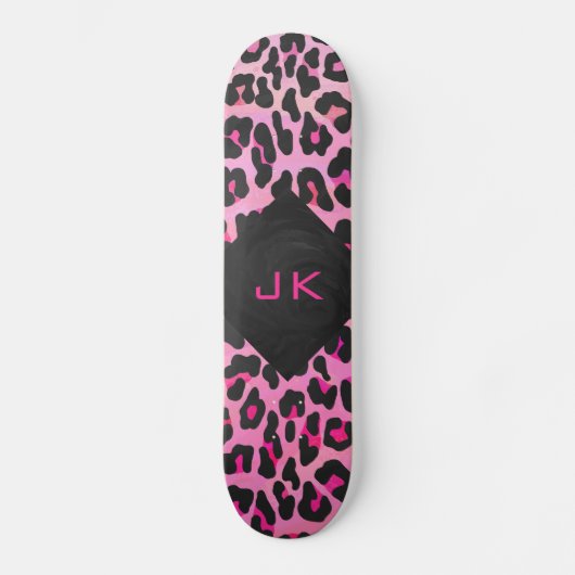 Leopard-Monogramm, Schwarz und Heiß-Rosa Skateboard (Vorderseite)