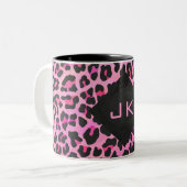 Leopard-Monogramm, Schwarz und Heiß-Rosa Zweifarbige Tasse (Vorderseite Links)