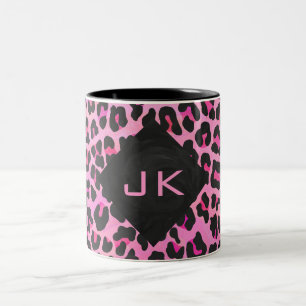Leopard-Monogramm, Schwarz und Heiß-Rosa Zweifarbige Tasse