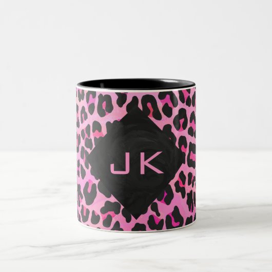 Leopard-Monogramm, Schwarz und Heiß-Rosa Zweifarbige Tasse (Mittel)