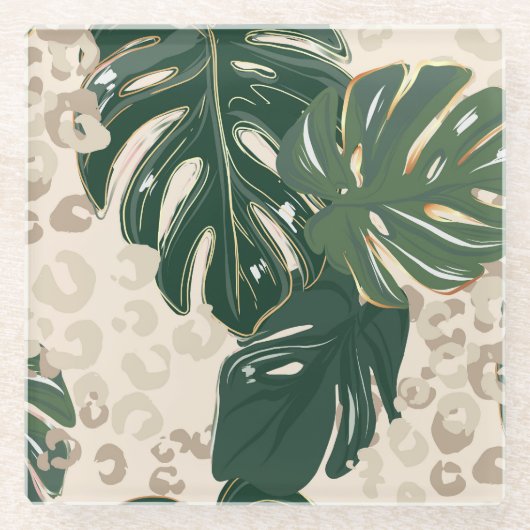 Leopard Monstera: Jungle Print Vintag. Glasuntersetzer (Vorderseite)