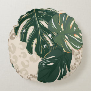 Leopard Monstera: Jungle Print Vintag. Rundes Kissen