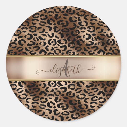 Leopard Muster Black Bronze Monogram Runder Aufkleber (Vorderseite)