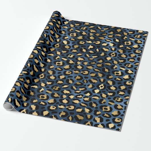 Leopard Muster Blue Gold Geschenkpapier (Ungerollt)