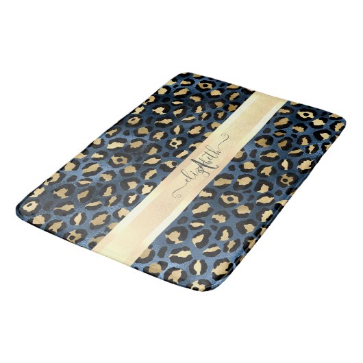 Leopard Muster Blue Gold Monogram Badematte (Schrägansicht)