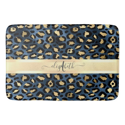 Leopard Muster Blue Gold Monogram Badematte (Vorderseite)