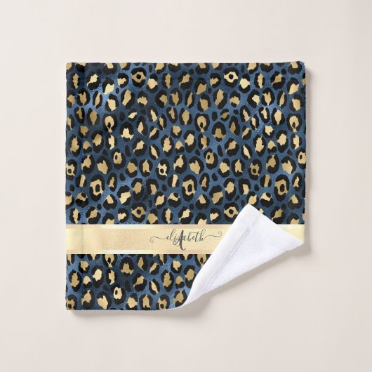 Leopard Muster Blue Gold Monogram Badhandtuch Set (Waschlappen)