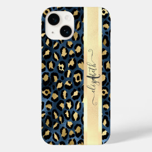 Leopard Muster Blue Gold Monogram Case-Mate iPhone 14 Hülle