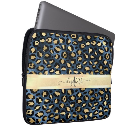 Leopard Muster Blue Gold Monogram Laptopschutzhülle (Vorne Rechts)