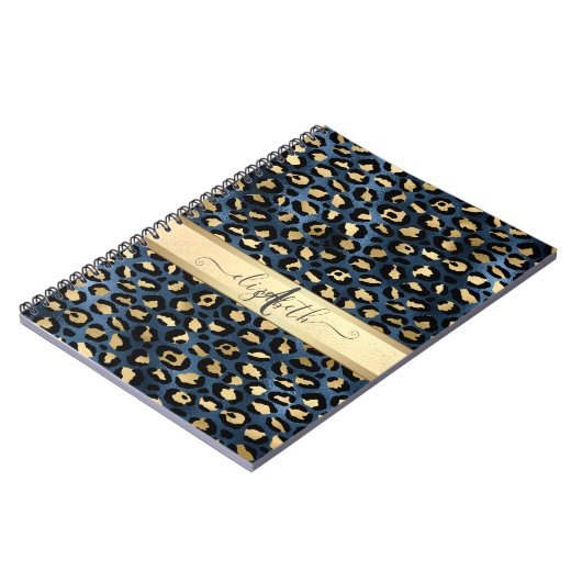Leopard Muster Blue Gold Monogram Notizblock (Linke Seite)