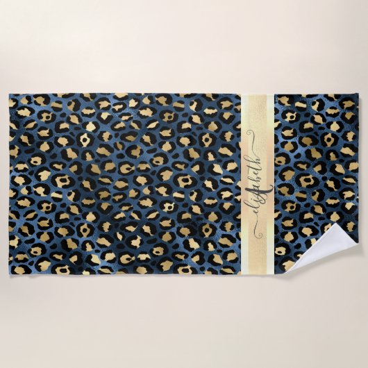 Leopard Muster Blue Gold Monogram Strandtuch (Vorderseite)