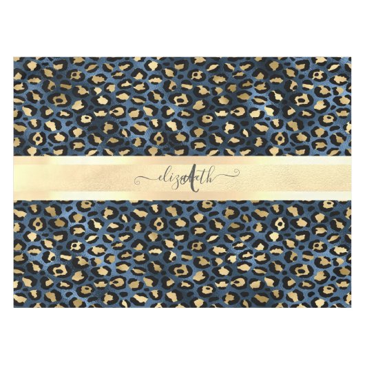Leopard Muster Blue Gold Monogram Tischdecke (Vorderseite (Horizontal))
