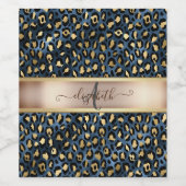 Leopard Muster Blue Gold Monogram Weinetikett (Einzelnes Label)