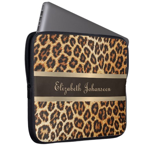 Leopard Muster Brawn & Gold Foil Streifen Name Laptopschutzhülle (Vorne Rechts)