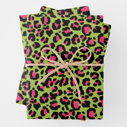 Leopard Muster in Raspberry auf Lime Green Geschenkpapier Set (Beispiel)