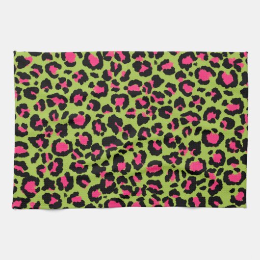 Leopard Muster in Raspberry auf Lime Green Geschirrtuch (Horizontal)