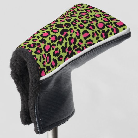 Leopard Muster in Raspberry auf Lime Green Golf Headcover (3/4 Vorderseite)
