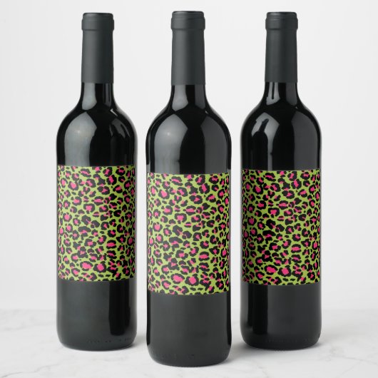 Leopard Muster in Raspberry auf Lime Green Weinetikett (Flaschen)