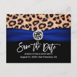 Leopard Navy Blue Ribbon Luxury Wedding Ankündigungspostkarte