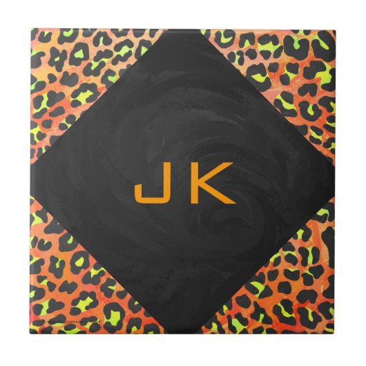 Leopard Orange und Yellow Monogram Fliese (Vorderseite)