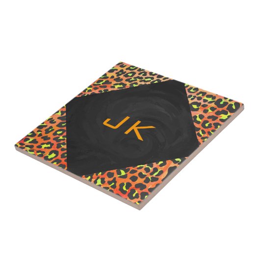 Leopard Orange und Yellow Monogram Fliese (Seite)