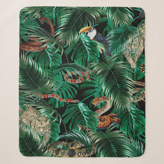 Leopard, Papageien und Schlangen im dunklen Wald. Sherpadecke (Vorderseite)