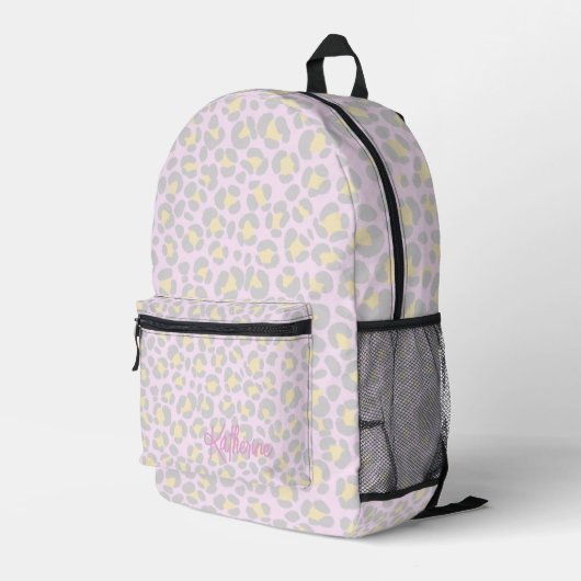 Leopard Pastel Pink Grau Gelb Bedruckter Rucksack (Rückseitige Ecke Rechts)