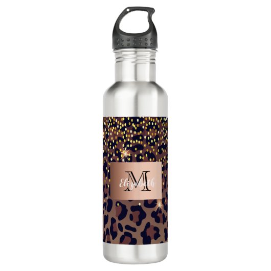 Leopard pattern brown black golden bronze monogram edelstahlflasche (Vorderseite)