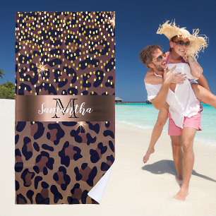Leopard pattern brown black golden bronze monogram strandtuch