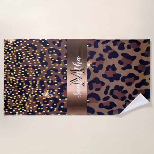 Leopard pattern brown black golden bronze monogram strandtuch (Vorderseite)