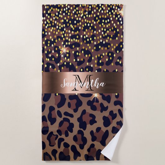 Leopard pattern brown black golden bronze monogram strandtuch (Vorderseite)