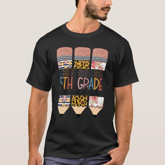 Leopard Pencil Fünfte Klasse Lehrer Happy Erster T T-Shirt (Vorderseite)