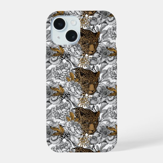 Leopard & Pfingstrosen-Muster iPhone 15 Hülle (Rückseite)