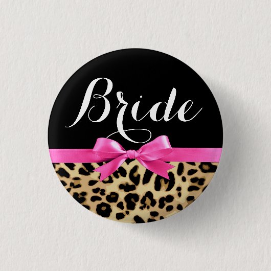 Leopard-Pink-Bogen-Braut-Hochzeits-Knopf Button (Vorderseite)