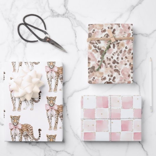 Leopard Pink Bow Birthday Geschenkpapier Set (Vorderseite)