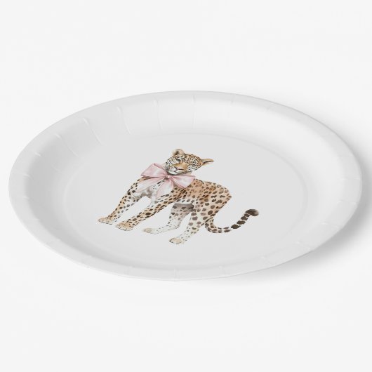 Leopard Pink Bow Birthday Pappteller (Schrägansicht)