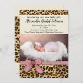 Leopard Pink Bow Girl Baby Birth Ankündigung (Vorne/Hinten)