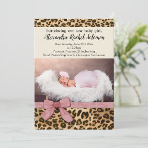 Leopard Pink Bow Girl Baby Birth Ankündigung