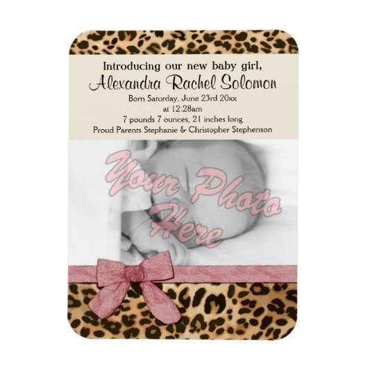 Leopard Pink Bow Girl Baby Birth Ankündigung Magnet (Vertikal)