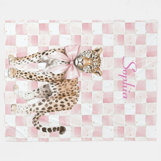Leopard Pink Bow Squares Fleecedecke (Vorderseite (Horizontal))