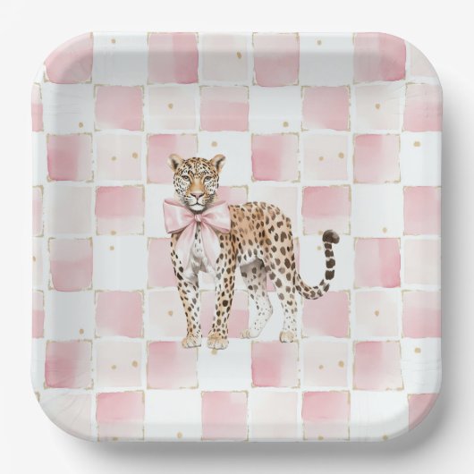 Leopard Pink Bow Squares Geburtstag Pappteller (Vorderseite)