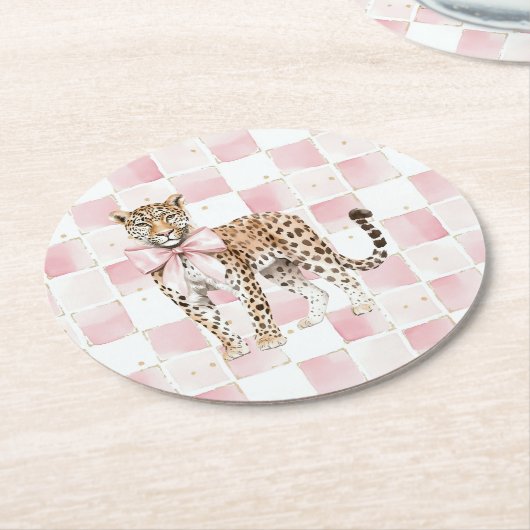 Leopard Pink Bow Squares Geburtstag Runder Pappuntersetzer (Angewinkelt)