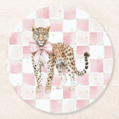 Leopard Pink Bow Squares Geburtstag Runder Pappuntersetzer (Vorderseite)