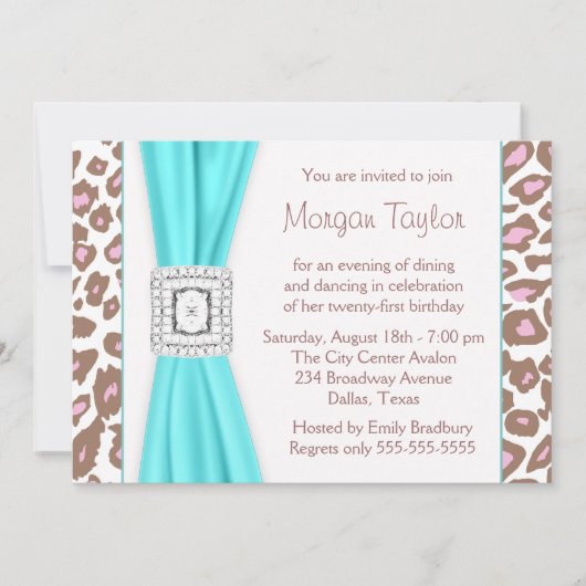 Leopard Pink Brown Aquamarin 21. Geburtstag Party Einladung (Vorderseite)