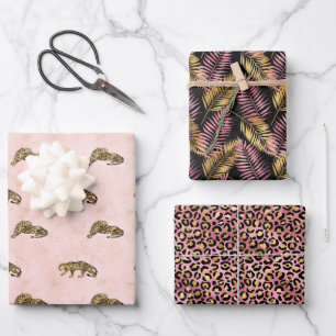Leopard Pink und Gold Dschungel Muster Geschenkpapier Set