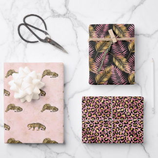 Leopard Pink und Gold Dschungel Muster Geschenkpapier Set