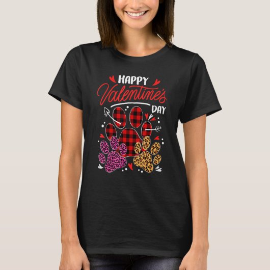 Leopard Plaid Dog Cat Paw Print Happy Valentines D T-Shirt (Vorderseite)