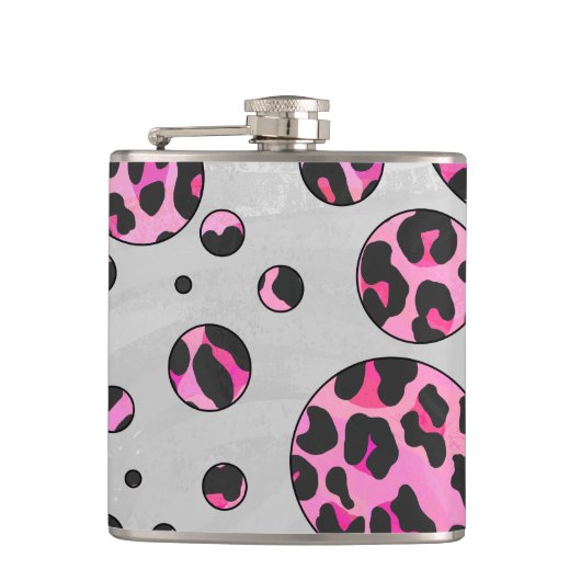 Leopard Polka Dot Black und Hot Pink Print Flachmann (Vorderseite)