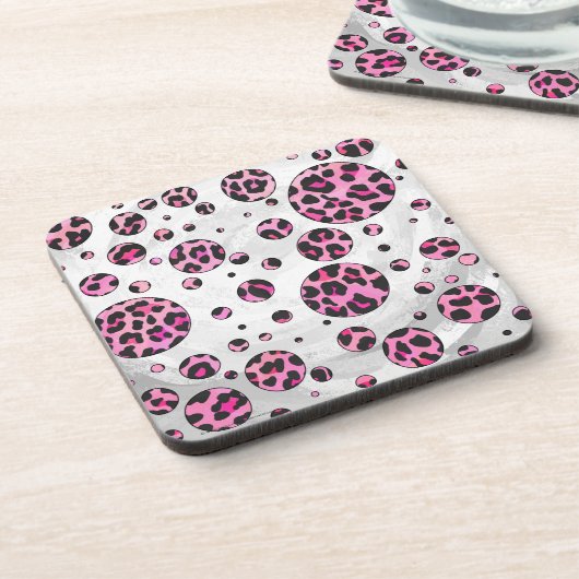 Leopard Polka Dot Black und Hot Pink Print Getränkeuntersetzer (Linke Seite)
