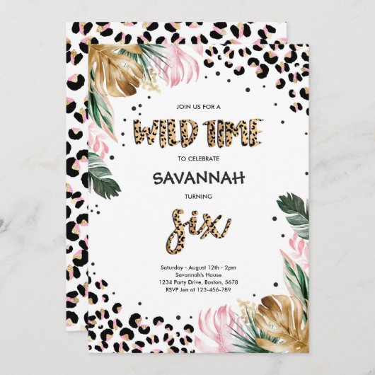 Leopard Print 6. Geburtstag Safari Jungle Party Einladung (Vorne/Hinten)